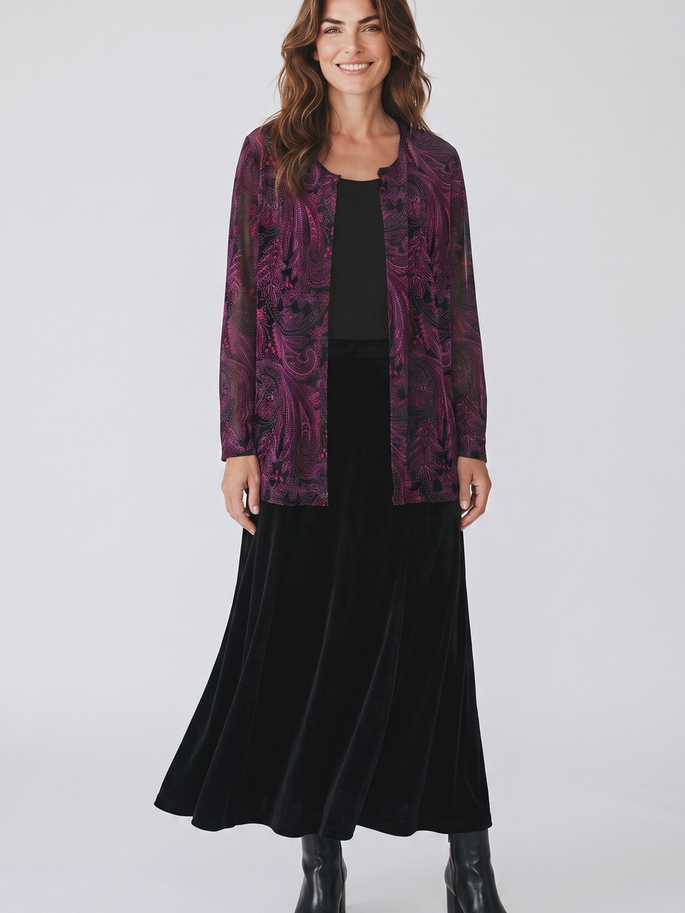 Notations Purple & red sparkle accents Paisley Open-Front Jacket w /black shell